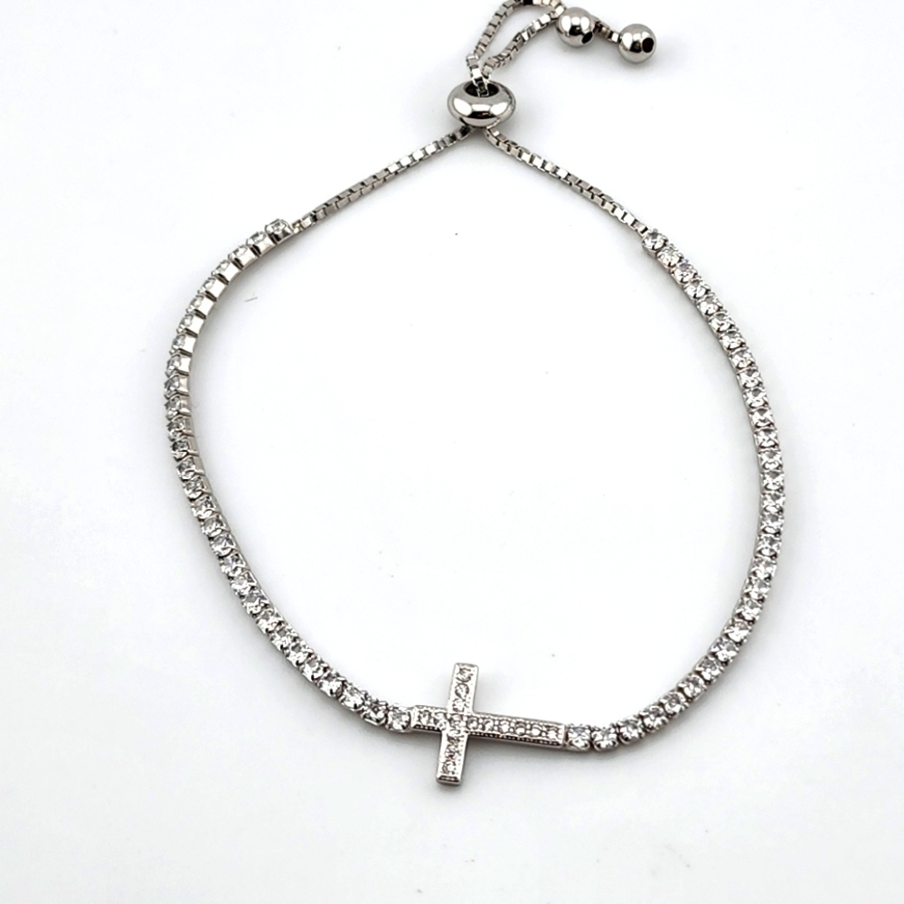 Elegant Silver Cross Adjastable Bracelet Stamped 925 Cubic Zirconia Stones
